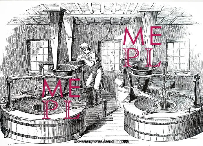 : An engraving depicting the boiling and crushing of grain : An engraving depicting the boiling and crushing of grain