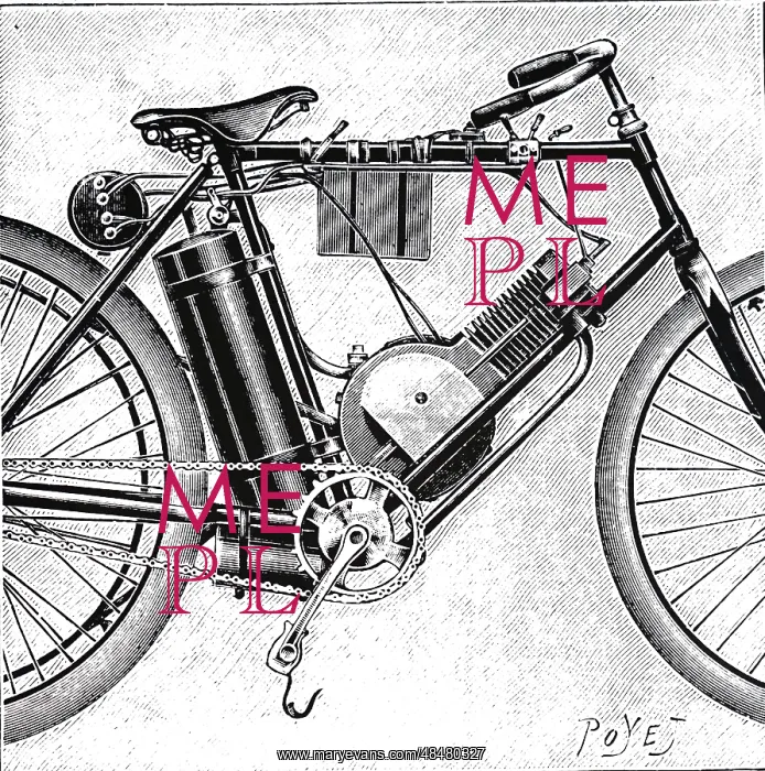 : An engraving depicting a Bouilly's motorcycle : An engraving depicting a Bouilly's motorcycle