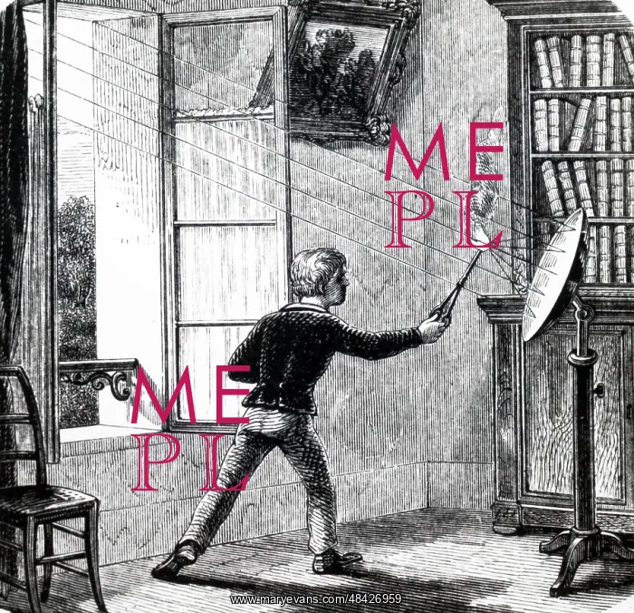 : Engraving depicting a boy lighting paper using : Engraving depicting a boy lighting paper using