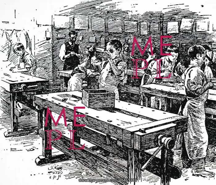 : Engraving depicting boys at work in the carpentry shop : Engraving depicting boys at work in the carpentry shop