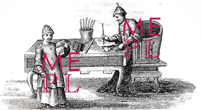 : An engraving depicting a Chinese calligrapher : An engraving depicting a Chinese calligrapher