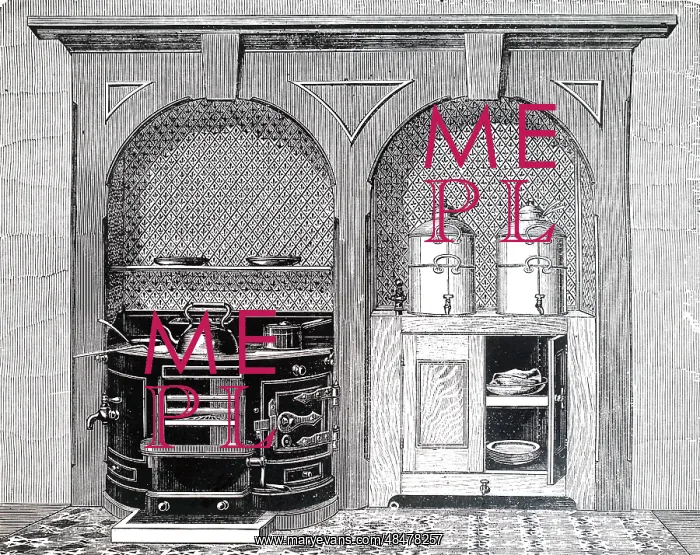 : An engraving depicting a circular fronted stove : An engraving depicting a circular fronted stove