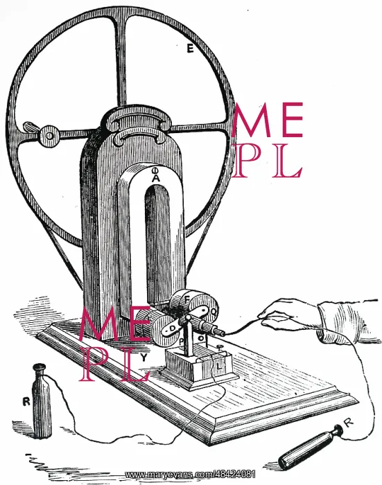 : Engraving depicting Clarke's hand-powered generator : Engraving depicting Clarke's hand-powered generator