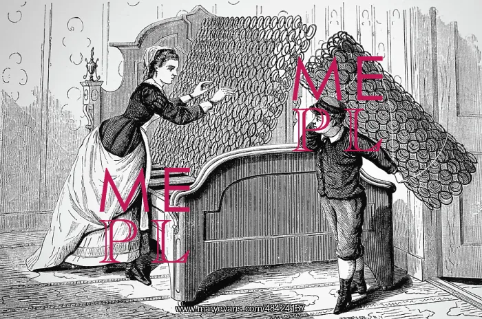 : Engraving depicting a coiled spring mattress : Engraving depicting a coiled spring mattress