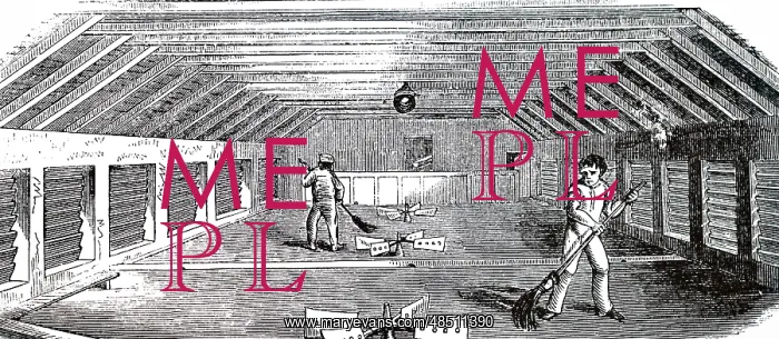 : An engraving depicting the cooling floor in a distillery : An engraving depicting the cooling floor in a distillery