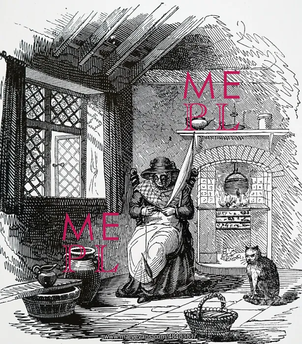: An engraving depicting a cottager spinning with a distaff : An engraving depicting a cottager spinning with a distaff