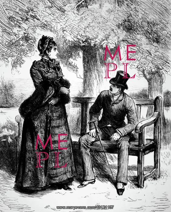 : Engraving depicting a couple talking in a park : Engraving depicting a couple talking in a park