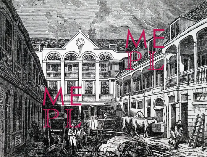 : An engraving depicting the courtyard of the Old Blue Boar : An engraving depicting the courtyard of the Old Blue Boar