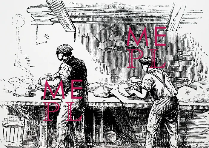 : An engraving depicting the cutting of dough : An engraving depicting the cutting of dough