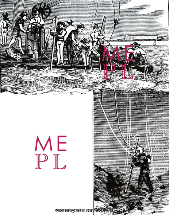 : An engraving depicting a diver attached to a drilling scow : An engraving depicting a diver attached to a drilling scow