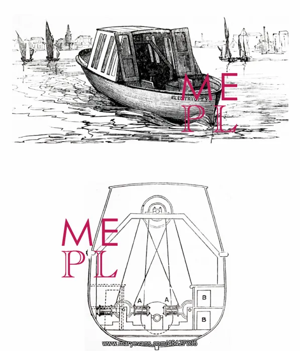 : Engraving depicting an electric boat driven by : Engraving depicting an electric boat driven by