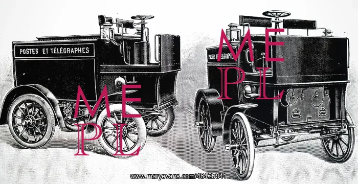 : Engraving depicting an electric delivery van built by Milde : Engraving depicting an electric delivery van built by Milde