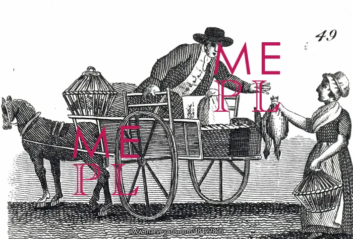 : An engraving depicting a farmer and his wife loading : An engraving depicting a farmer and his wife loading