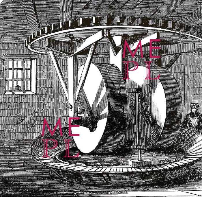 : An engraving depicting the grinding of saltpetre : An engraving depicting the grinding of saltpetre