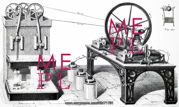 : Engraving depicting Gustave Froment's electromagnetic engine : Engraving depicting Gustave Froment's electromagnetic engine