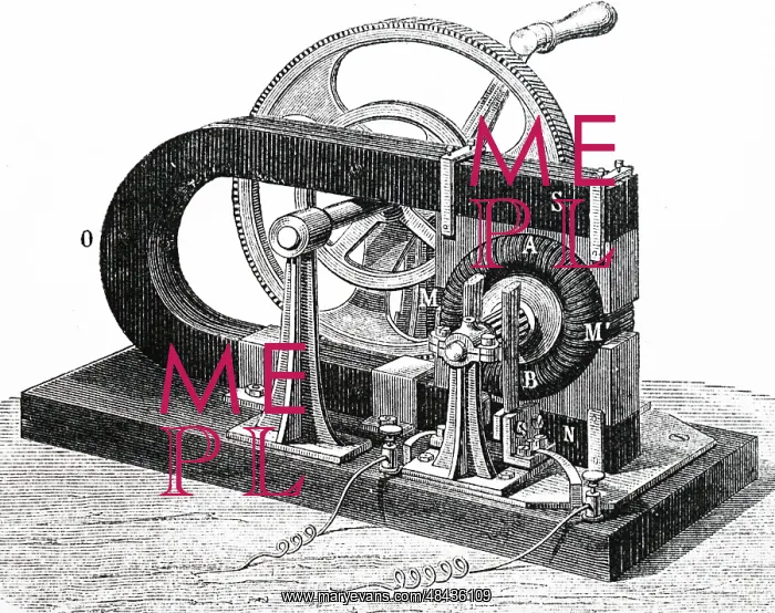 : Engraving depicting a hand-powered Gramme dynamo : Engraving depicting a hand-powered Gramme dynamo