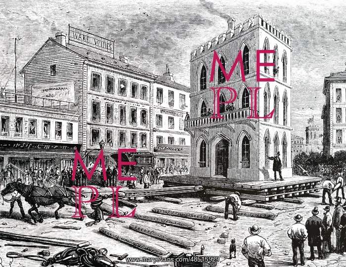 : An engraving depicting a house being moved across Chicago : An engraving depicting a house being moved across Chicago