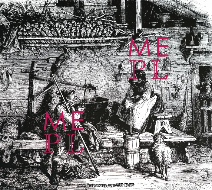 : An engraving depicting the inside of a Swiss alpine chalet : An engraving depicting the inside of a Swiss alpine chalet