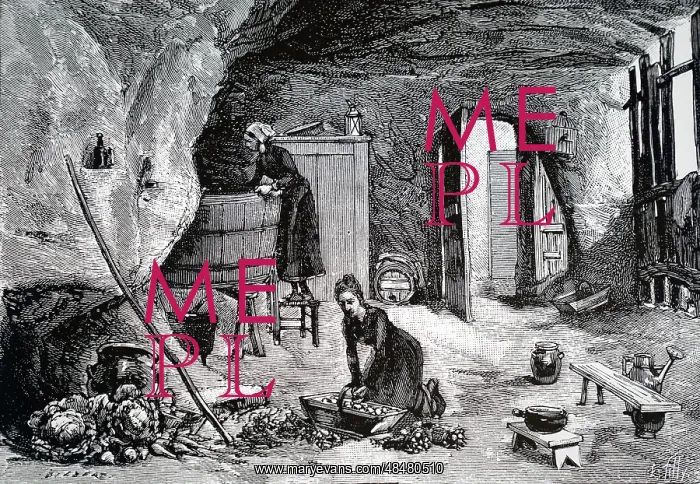: An engraving depicting the interior of a cave dwelling : An engraving depicting the interior of a cave dwelling