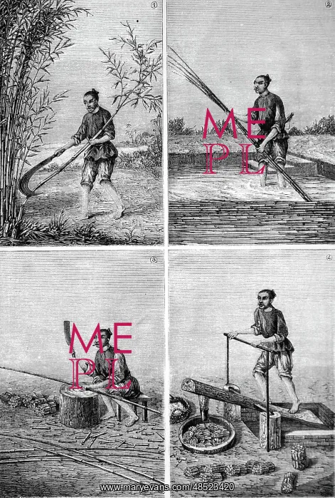 : Engraving depicting the making of paper in China : Engraving depicting the making of paper in China