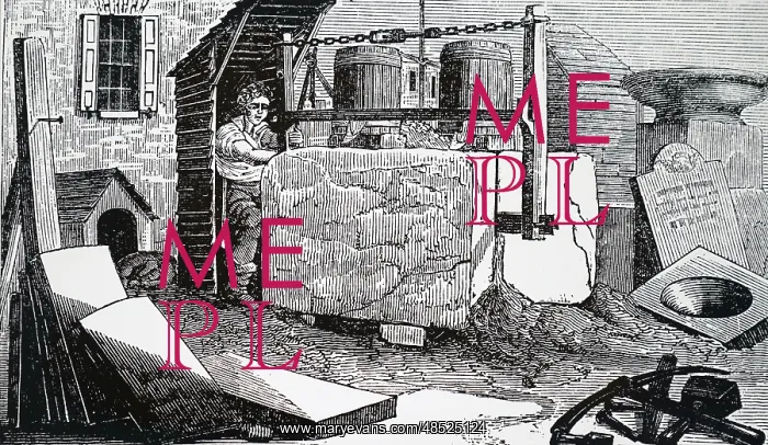 : An engraving depicting a man sawing a stone block : An engraving depicting a man sawing a stone block