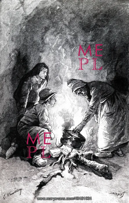 : An engraving depicting a marmite on an open fire : An engraving depicting a marmite on an open fire
