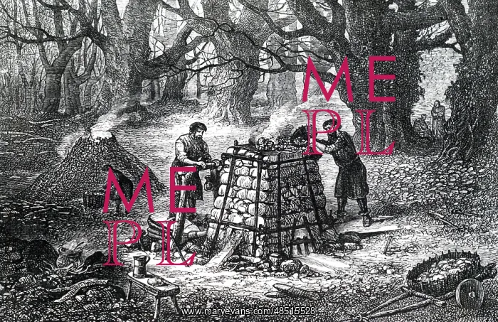 : An engraving depicting the medieval process of smelting iron : An engraving depicting the medieval process of smelting iron