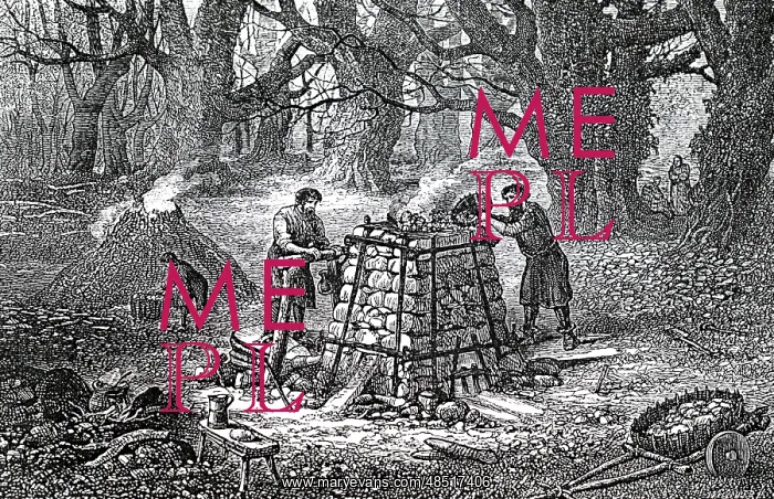 : An engraving depicting the medieval process of smelting iron : An engraving depicting the medieval process of smelting iron