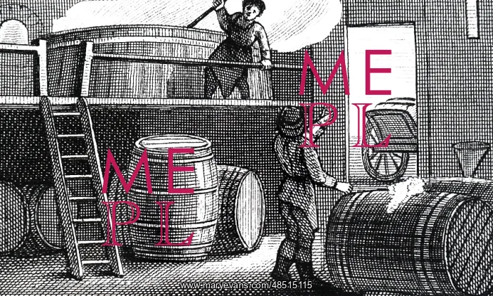 : An engraving depicting men working in a brewery : An engraving depicting men working in a brewery