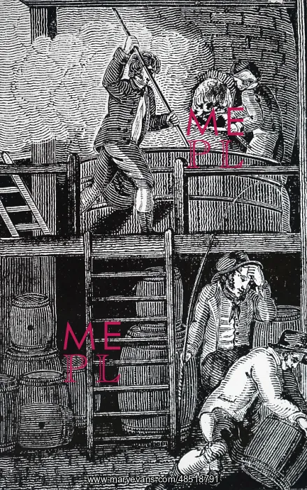 : An engraving depicting men working in a brewery : An engraving depicting men working in a brewery