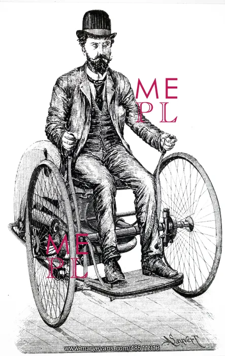 : An engraving depicting a motorcycle powered by : An engraving depicting a motorcycle powered by