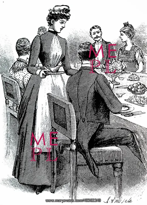 : An engraving depicting parlour maids serving at table : An engraving depicting parlour maids serving at table