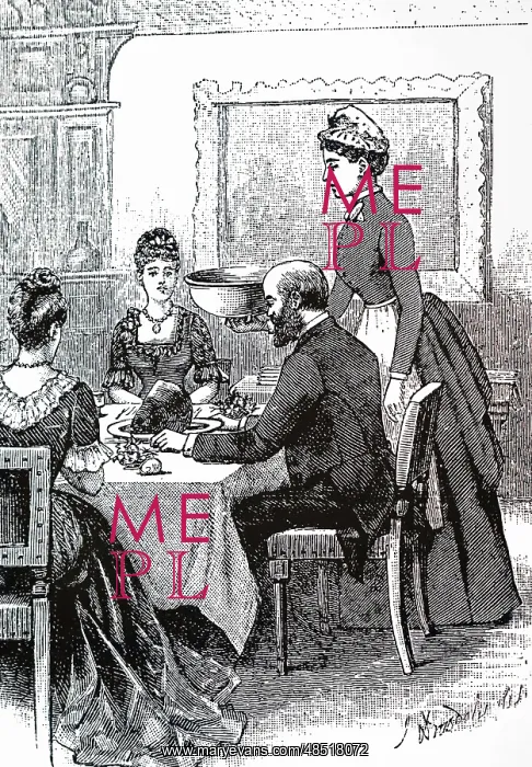 : An engraving depicting parlour maids serving at table : An engraving depicting parlour maids serving at table