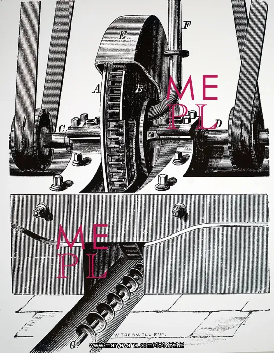 : An engraving depicting a percussive flour mill : An engraving depicting a percussive flour mill