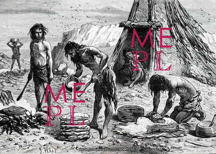 : An engraving depicting prehistoric bread makers : An engraving depicting prehistoric bread makers