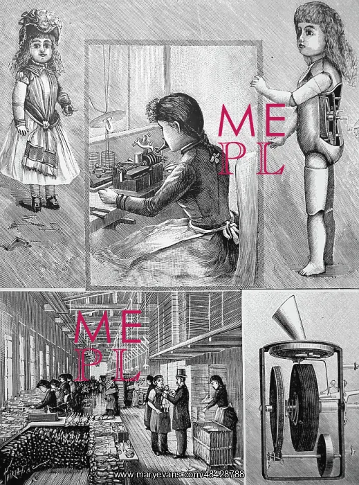 : Engraving depicting the production of talking dolls : Engraving depicting the production of talking dolls