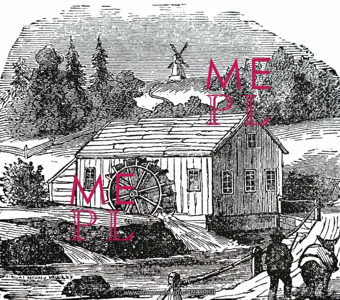 : An engraving depicting a rural undershot water-powered : An engraving depicting a rural undershot water-powered