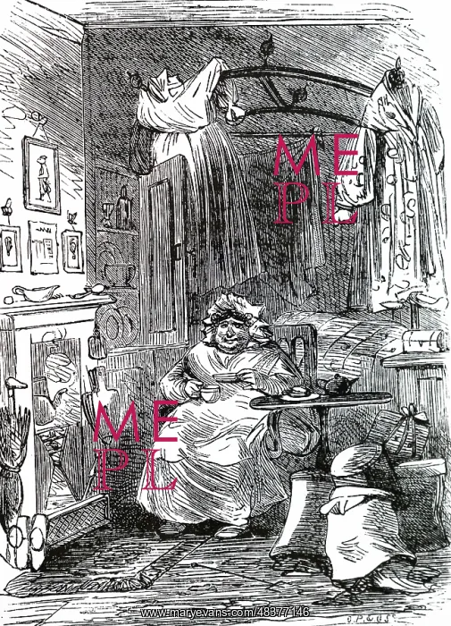 : An engraving depicting Sarah Gamp drinking tea : An engraving depicting Sarah Gamp drinking tea