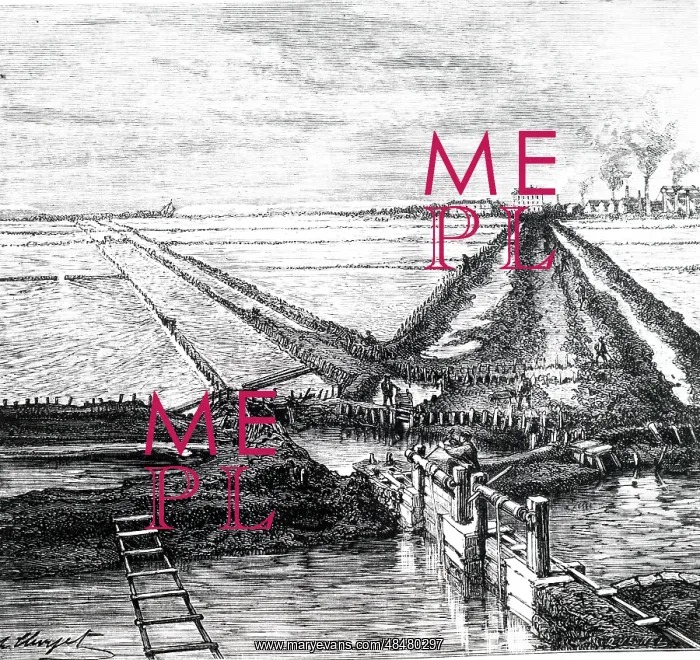 : An engraving depicting sluices and salt pans : An engraving depicting sluices and salt pans
