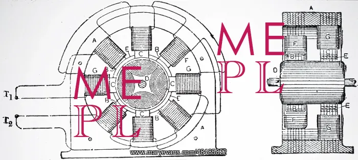 : Engraving depicting Tesla's split phase motor : Engraving depicting Tesla's split phase motor