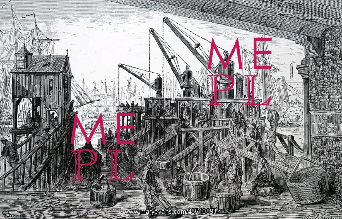 : Engraving depicting the unloading of coal at the : Engraving depicting the unloading of coal at the