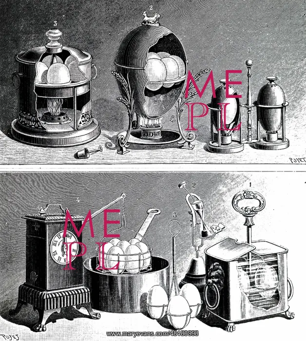 : An engraving depicting various devices for cooking eggs : An engraving depicting various devices for cooking eggs
