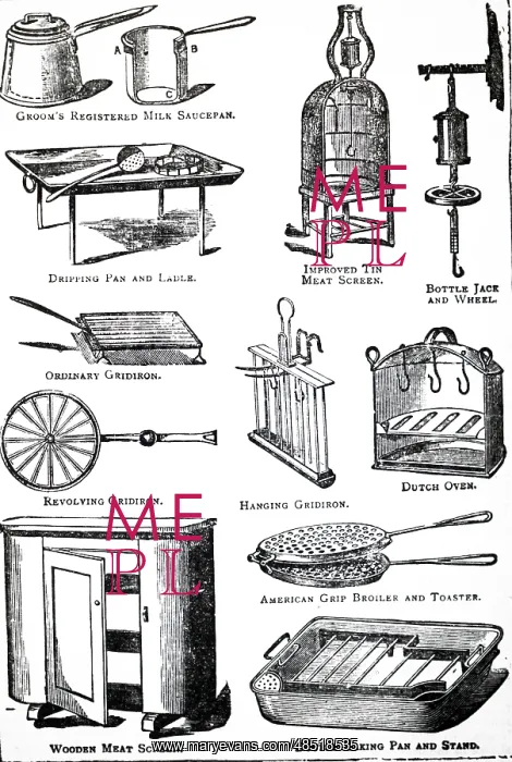 : An engraving depicting various kitchen utensils : An engraving depicting various kitchen utensils