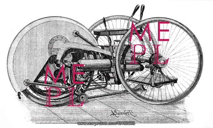 : An engraving depicting a side view of a motorcycle : An engraving depicting a side view of a motorcycle
