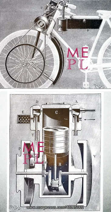: An engraving depicting the Werner Brother's petrol-driven : An engraving depicting the Werner Brother's petrol-driven