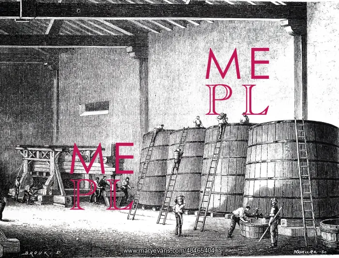 : An engraving depicting Wine vats and press at : An engraving depicting Wine vats and press at