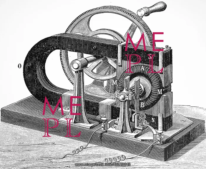 : Engraving depicting Zenobe Gramme's hand-powered : Engraving depicting Zenobe Gramme's hand-powered