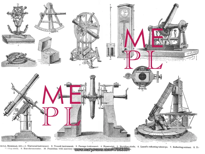 : Engraving of historical astronomy instruments : Engraving of historical astronomy instruments