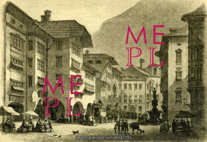 : Engraving of Obstplatz square, Bolzano : Engraving of Obstplatz square, Bolzano