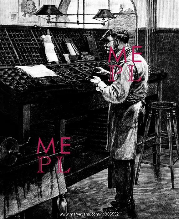 : Engraving Of Old Fashioned Typesetter : Engraving Of Old Fashioned Typesetter